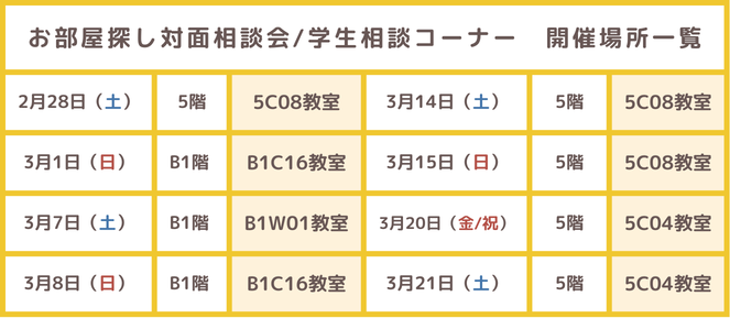 お部屋探し対面相談会/学生相談コーナー　開催場所一覧